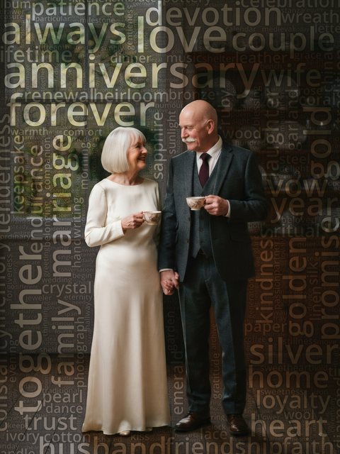 Word cloud portrait of an elderly couple holding teacups