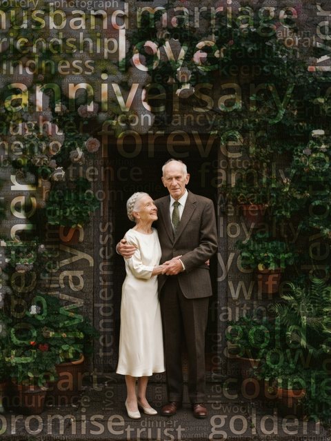 Word cloud portrait of an elderly couple in the doorway of their home