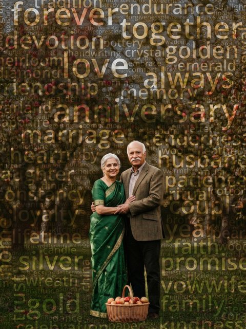 Word cloud portrait of an older couple in an autumn apple orchard