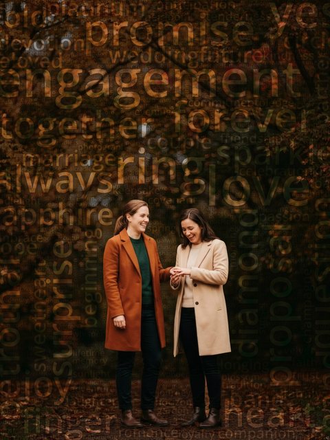Word cloud portrait of two women admiring an engagement ring under maple trees