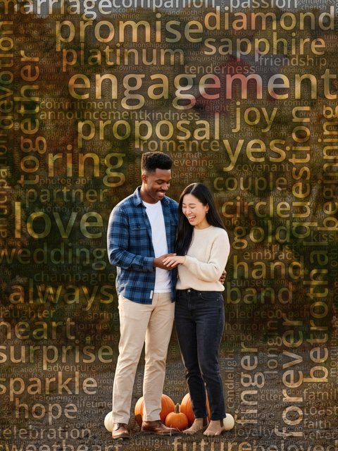 Word cloud portrait of a newly engaged couple on an autumn farm path with pumpkins