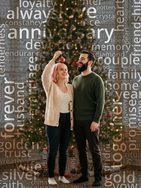 Word cloud portrait of a young couple decorating their first Christmas tree