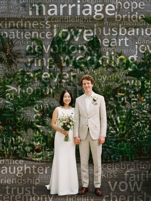 Word cloud portrait of a bride and groom in a botanical glasshouse