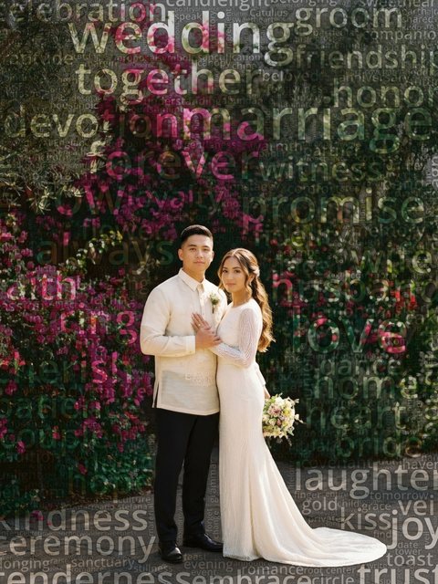 Word cloud portrait of a bride and groom in front of magenta bougainvillea