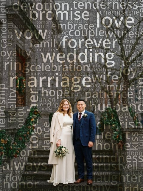 Word cloud portrait of a bride and groom on town hall steps in December