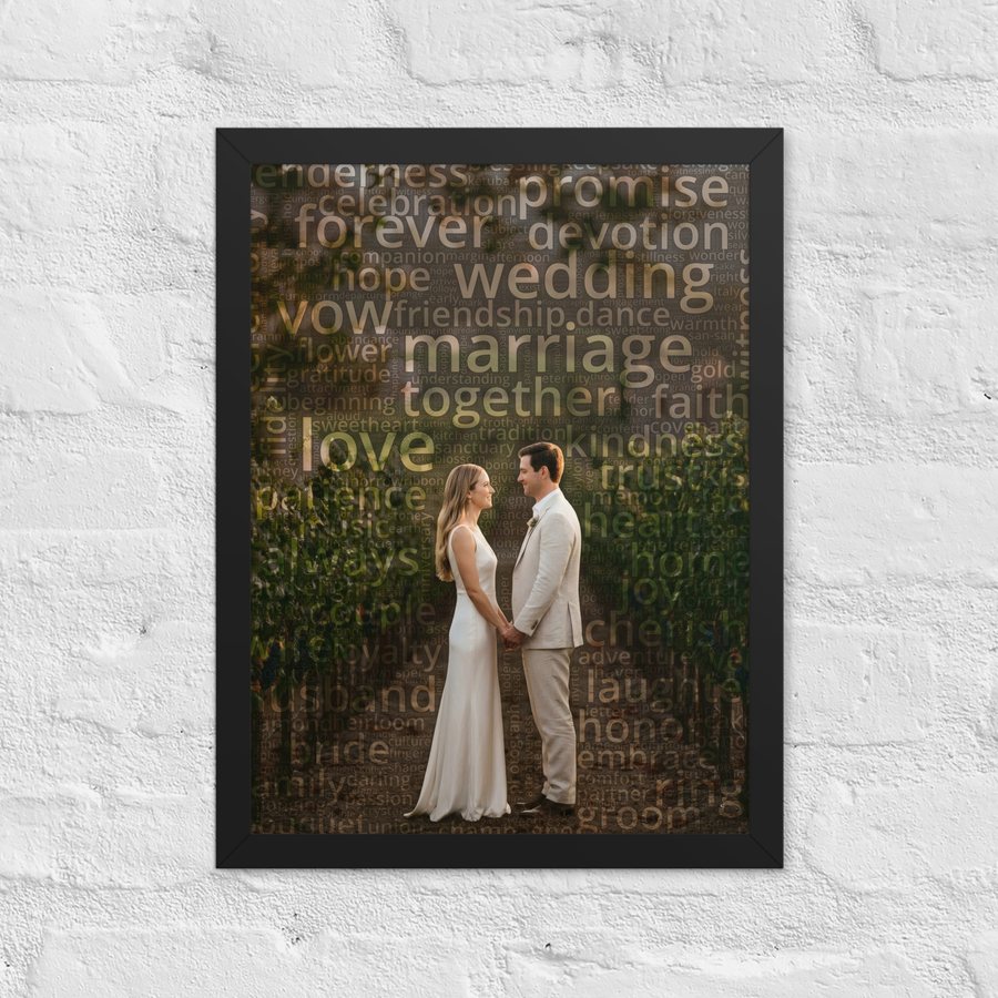 A framed word cloud portrait on a wall